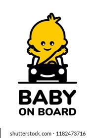 Yellow sign with inscription Baby on board and a picture of a baby in a car