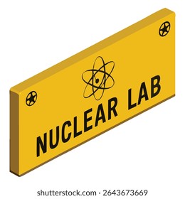 Yellow sign for a nuclear research facility or laboratory with atom symbol and star icons design