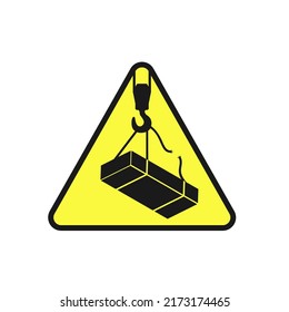 Yellow sign of overhead crane warning sign. Sign of crane with fall cargo in yellow triangle. Isolated vector symbol on white background.