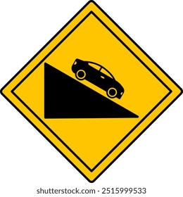 Yellow Sign Steep Descent. Warning Diamond Road Sign. Car Driving Down. Vector Icon