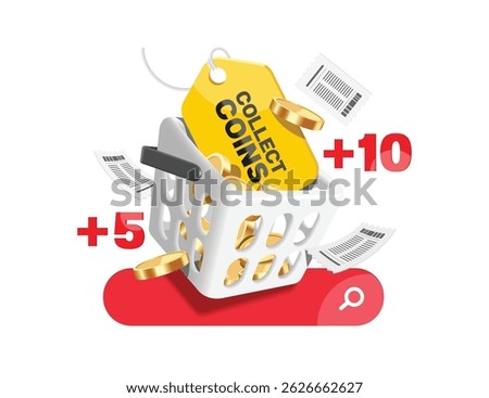 yellow sign or tag label with message 'collect coins' and gold coins placed in white shopping basket for design of promotional campaign for accumulating points to redeem for purchases or discount