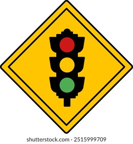 Yellow Sign Traffic Signals Ahead. Warning Diamond Road Sign. Vector Icon