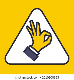 yellow sign in triangles showing by hand everything is ok. flat vector illustration.