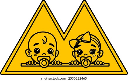 Gemelos de signo amarillo en el coche. Icono de Vector. Señal de advertencia humorística. Etiqueta engomada para el coche. Hay Pequeños niños en el transporte
