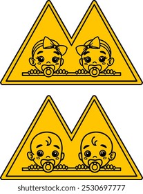 Gemelos De Signo Amarillo En El Tablero. Icono de Vector. Señal de tráfico humorística. Etiqueta engomada del coche. Chicas y Chicos Gemelos