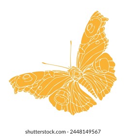 A yellow silhouette butterfly with spots is drawn on a white background. The butterfly is drawn in a stylized way, with its wings spread out and its body elongated. Scene is whimsical and playful