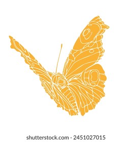 A yellow silhouette butterfly with spots is drawn on a white background. The butterfly is drawn in a stylized way, with its wings spread out and its body elongated. Scene is whimsical and playful