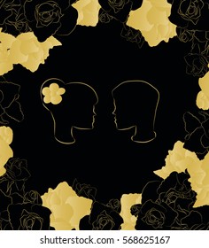 yellow silhouette couple rose frame black background
