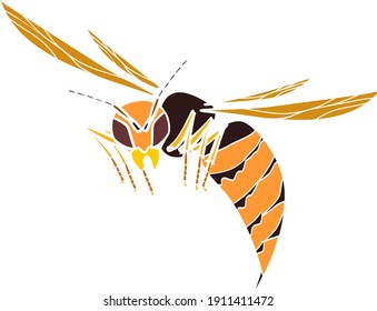 Yellow silhouette of flying European hornet (Vespa crabro) isolated  white on background