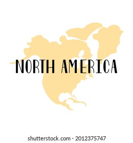Mapa geográfico de silueta amarilla del continente norteamericano con letras. Ilustración vectorial de material.