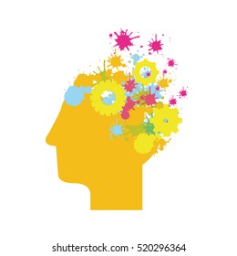 yellow silhouette head with gears and colorful sparks