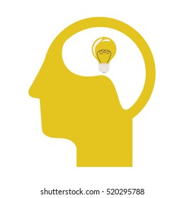 yellow silhouette head and human brain with light bulb