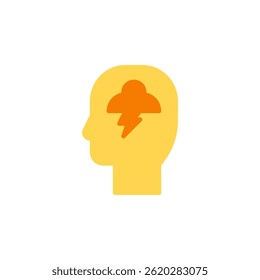 Yellow Silhouette of a Human Head with Cloud and Lightning Bolt Icon Symbolizing Mental Health Challenges and Emotional Turmoil