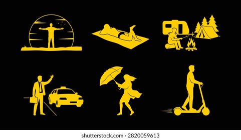 yellow silhouette icon set representing diverse modern lifestyle