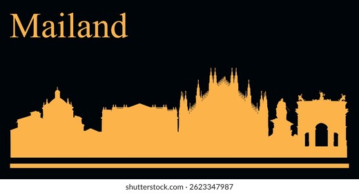 Yellow silhouette of Mailand, Italy city skyline on black background. Vector