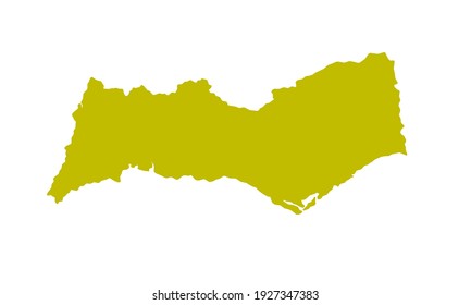 Yellow silhouette of a map of the Algarve city in southern Portugal on a white background