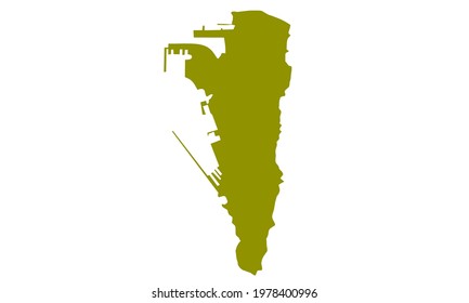 Yellow silhouette of map of the territory of Gibraltar on the British sea