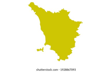 Yellow silhouette of map of Tuscany in Italy on white background