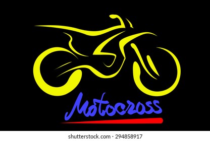 Yellow silhouette of Motorcross motorcycle, line scetch, dirt sand stone off-road star, vector illustration