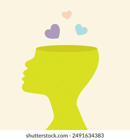 A yellow silhouette of a person's head with the top of the head open and hearts floating out of it.