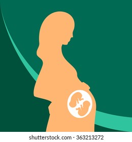 Yellow silhouette of pregnant woman, green background. Multiple pregnancy.  Monozygotic twins (embryos). Illustration for web or typography (magazine, brochure, flyer, poster), colorful.