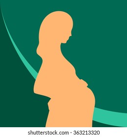Yellow silhouette of pregnant woman, green background. Illustration for web or typography (magazine, brochure, flyer, poster), colorful.