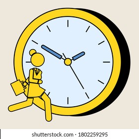 Yellow silhouette of a running girl on the background of a large watch dial. Woman with bag is late for work. Girl in a hurry, rushing on a date, control time consept. Big clock with minute hands