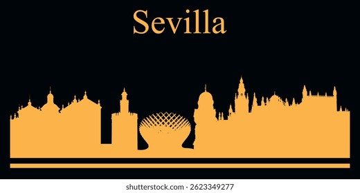 Yellow silhouette of Sevilla, Spain city skyline on black background. Vector