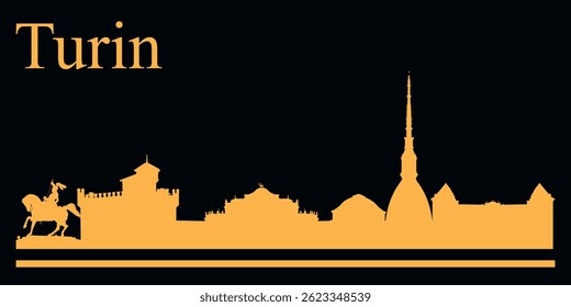 Yellow silhouette of Turin, Italy city skyline on black background. Vector
