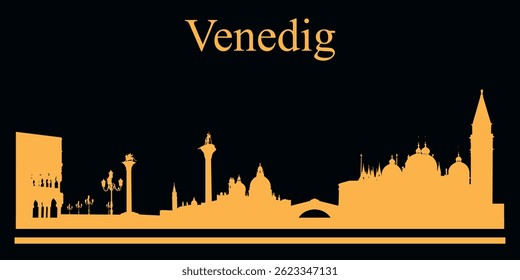 Yellow silhouette of Venedig, Italy city skyline on black background. Vector