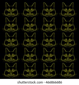 Yellow silhouettes of heads of cats. Yellow Cat head on a black background.