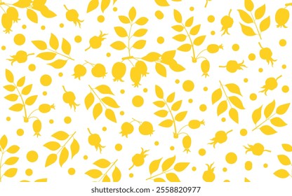 Yellow silhouettes of rosehip berries and leaves are isolated on a white background. Seamless pattern. Plant background for paper, gift wrap, textile,  card, wallpaper.