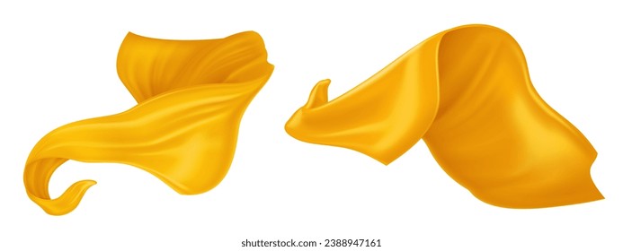 Yellow silk ribbons set isolated on white background. Vector realistic illustration of golden fabric flying in air, satin cloth waves floating in wind, soft textile sheet falling, home decor element