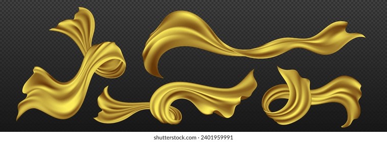 Yellow silk ribbons set isolated on transparent background. Vector realistic illustration of golden fabric flying in air, satin cloth waves floating in wind, soft home textile, decoration element