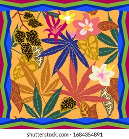 bufanda de seda amarilla con hojas de canabis. Imprimir con formas tropicales en negrita. Colección textil de verano. Plantilla para bandanas y hiyabs.