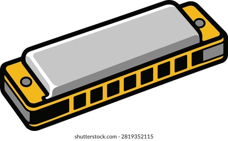 Yellow and silver harmonica musical instrument cartoon illustration isolated on white background
