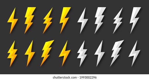 Yellow and silver lightning bolt icons collection. Flash symbol, thunderbolt. Simple lightning strike sign. Vector illustration.