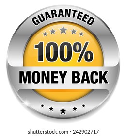 Yellow silver money back badge on white background