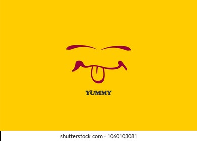 Yellow simple emoji yummy smile tongue face. Vector sketch cartoon illustration. Funny comic text banner isolated. Retro print textile style. Greeting poster.