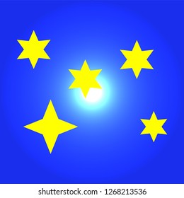 Yellow simple flat style light star flares isolated on sky blue background