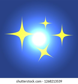 Yellow simple flat style light star flares isolated on sky blue background