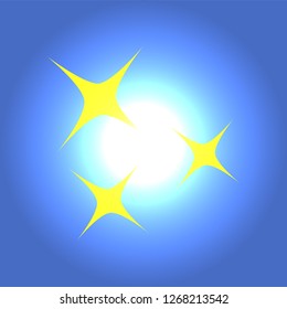 Yellow simple flat style light star flares isolated on sky blue background