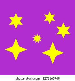 Yellow simple flat style light star flares isolated on violet background