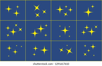 Yellow simple flat style light star flares pack isolated on blue background. Vector illustration