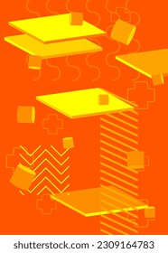 Yellow simple geometric vector banner, poster. Vibrant old geometrical shapes background. Abstract retro graphic busy psychodelic volumetric art illustration.