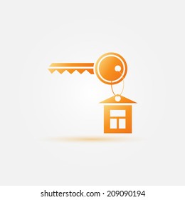 Yellow simple keychain icon - black vector key symbol with a house