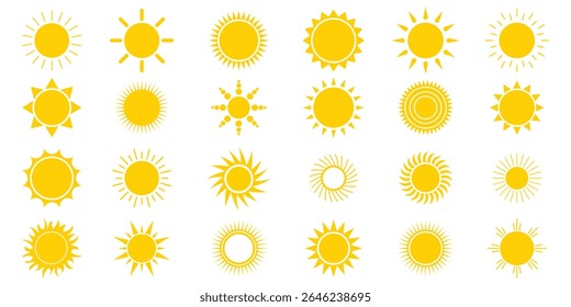 Yellow simple sun, hot summer weather symbol, heatstroke caused by sunlight, vector icon. Sun icon set. Yellow sun icon and Shine ray set. Sunset icon collection. Yellow sun star icons. Hot energy. 