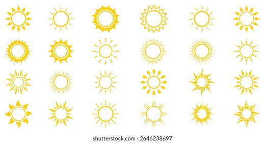 Yellow simple sun, hot summer weather symbol, heatstroke caused by sunlight, vector icon. Sun icon set. Yellow sun icon and Shine ray set. Sunset icon collection. Yellow sun star icons. Hot energy. 
