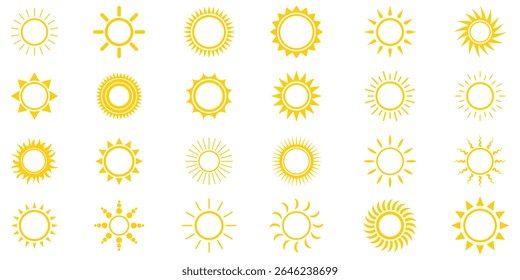 Yellow simple sun, hot summer weather symbol, heatstroke caused by sunlight, vector icon. Sun icon set. Yellow sun icon and Shine ray set. Sunset icon collection. Yellow sun star icons. Hot energy. 
