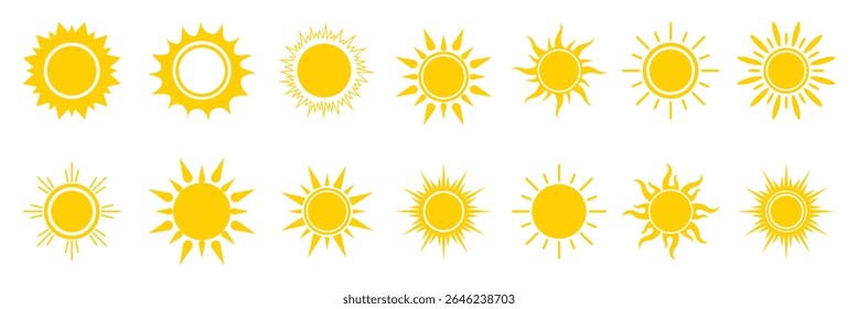 Yellow simple sun, hot summer weather symbol, heatstroke caused by sunlight, vector icon. Sun icon set. Yellow sun icon and Shine ray set. Sunset icon collection. Yellow sun star icons. Hot energy. 